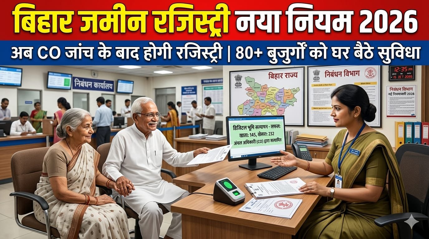 You are currently viewing Bihar Land Registry New Rule 2026 : अब CO जांच के बिना नहीं होगी रजिस्ट्री, 80+ बुजुर्गों को मिलेगी घर बैठे जमीन रजिस्ट्री करने की सुविधा